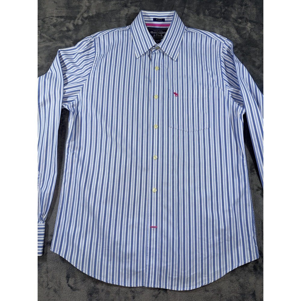 Abercrombie & Fitch Men's Muscle Fit Blue White Stripe Button Down Shirt Size L